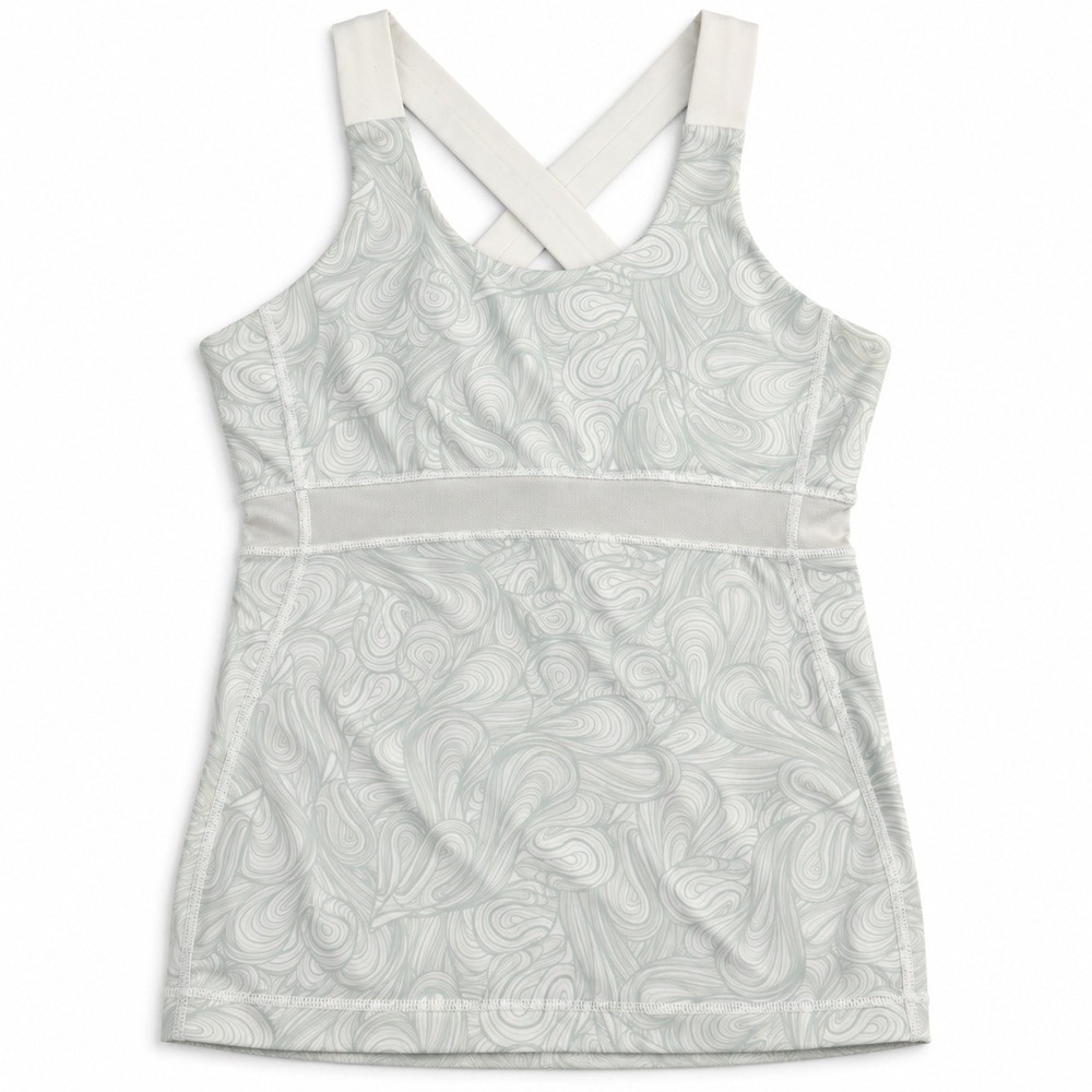 Lululemon White Grey Swirl Cross Back Tank Top with Built In Shelf Bra Size 8